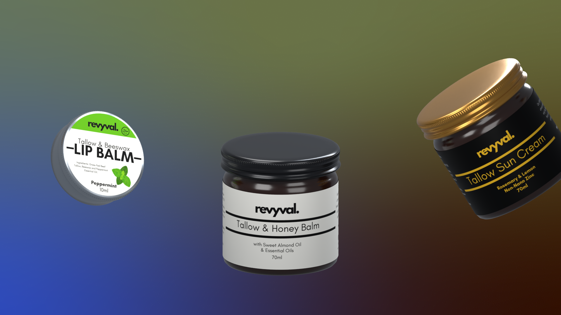 Revyval skincare jars and lip balms arranged along a rotating arc against the supplied olive, cobalt and brown gradient