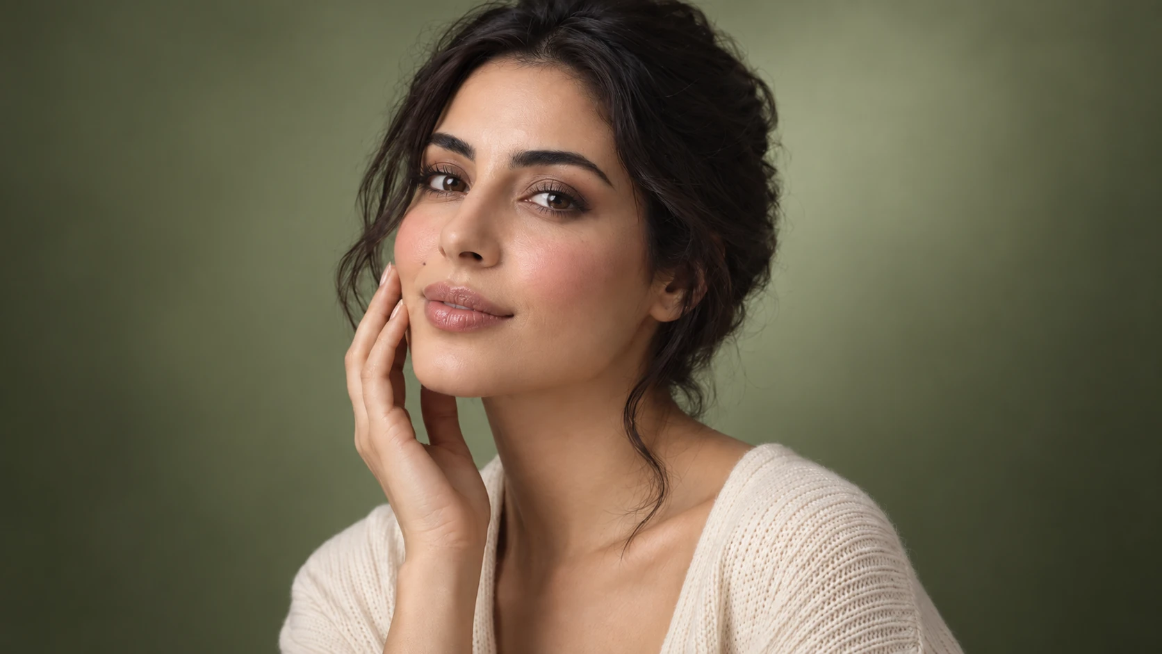 A woman resting her hand against her cheek in soft natural light