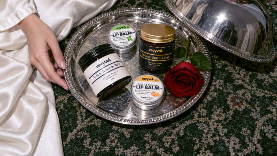 Revyval skincare arranged on a silver tray