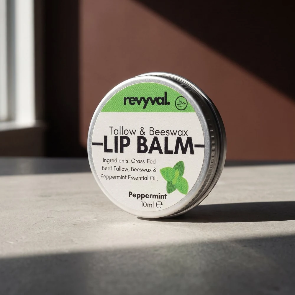 Peppermint Tallow and Beeswax Lip Balm in a silver tin