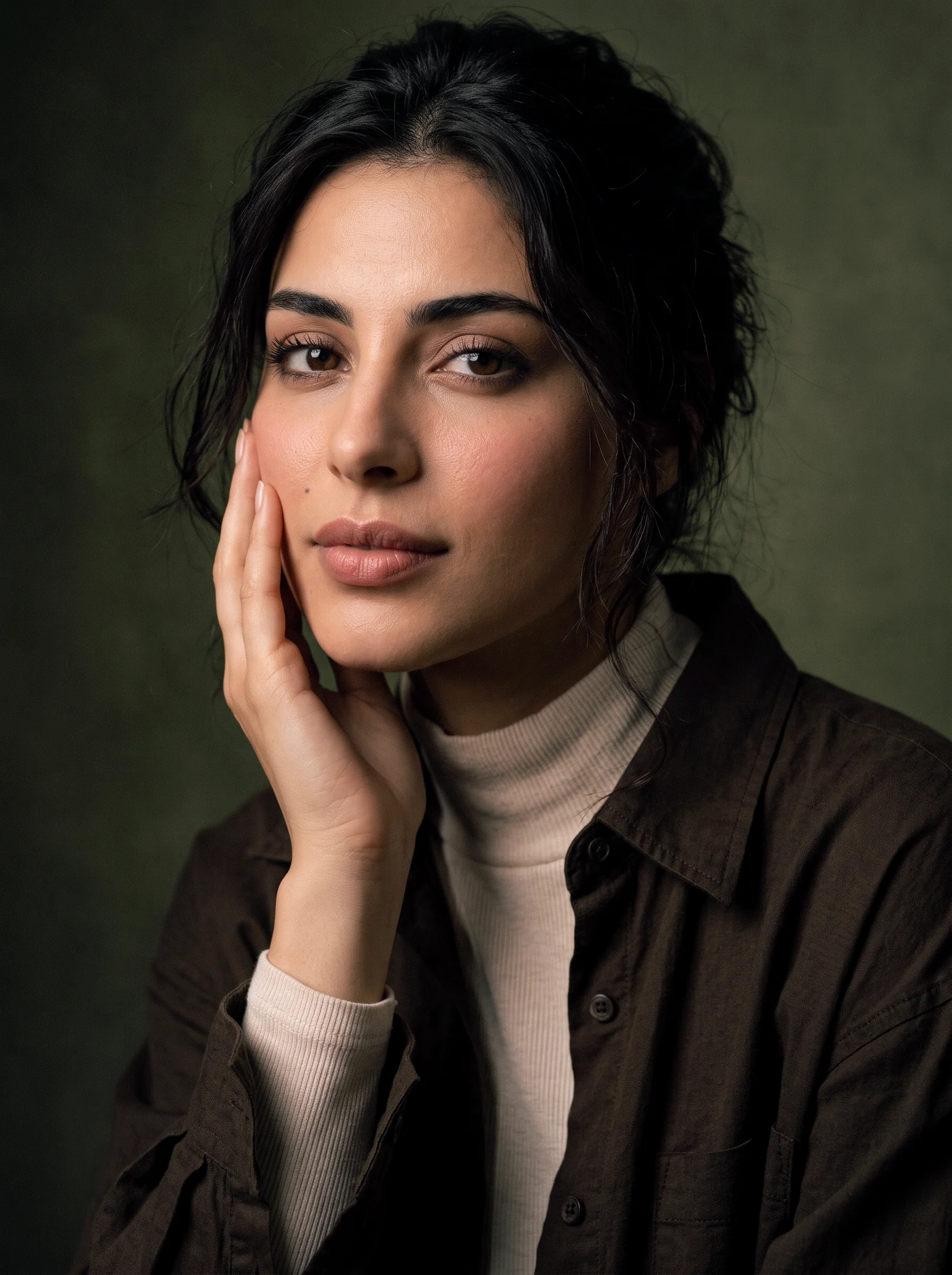Woman resting her hand against her cheek, wearing a brown shirt against an olive backdrop